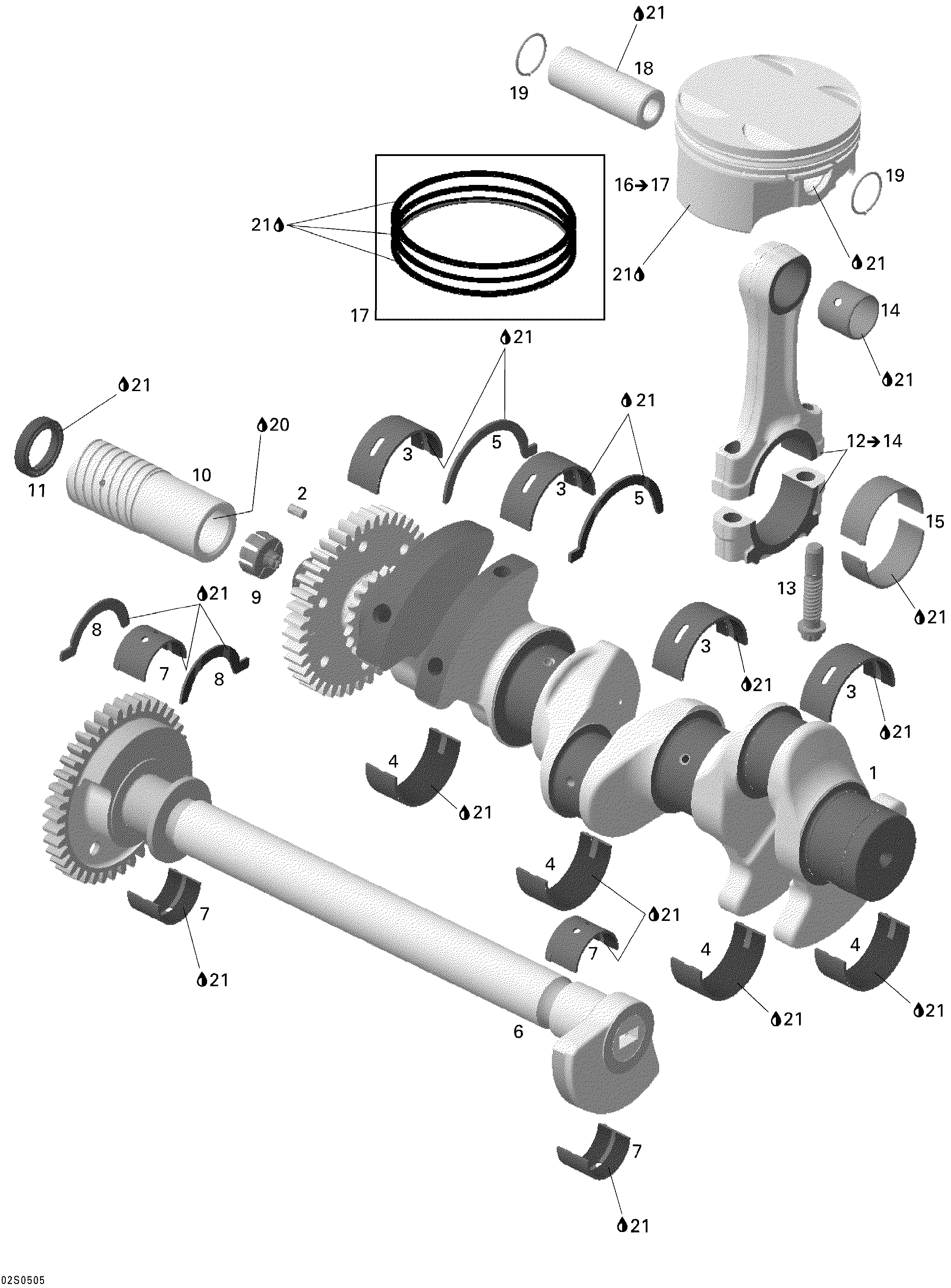 Crankshaft and pistons