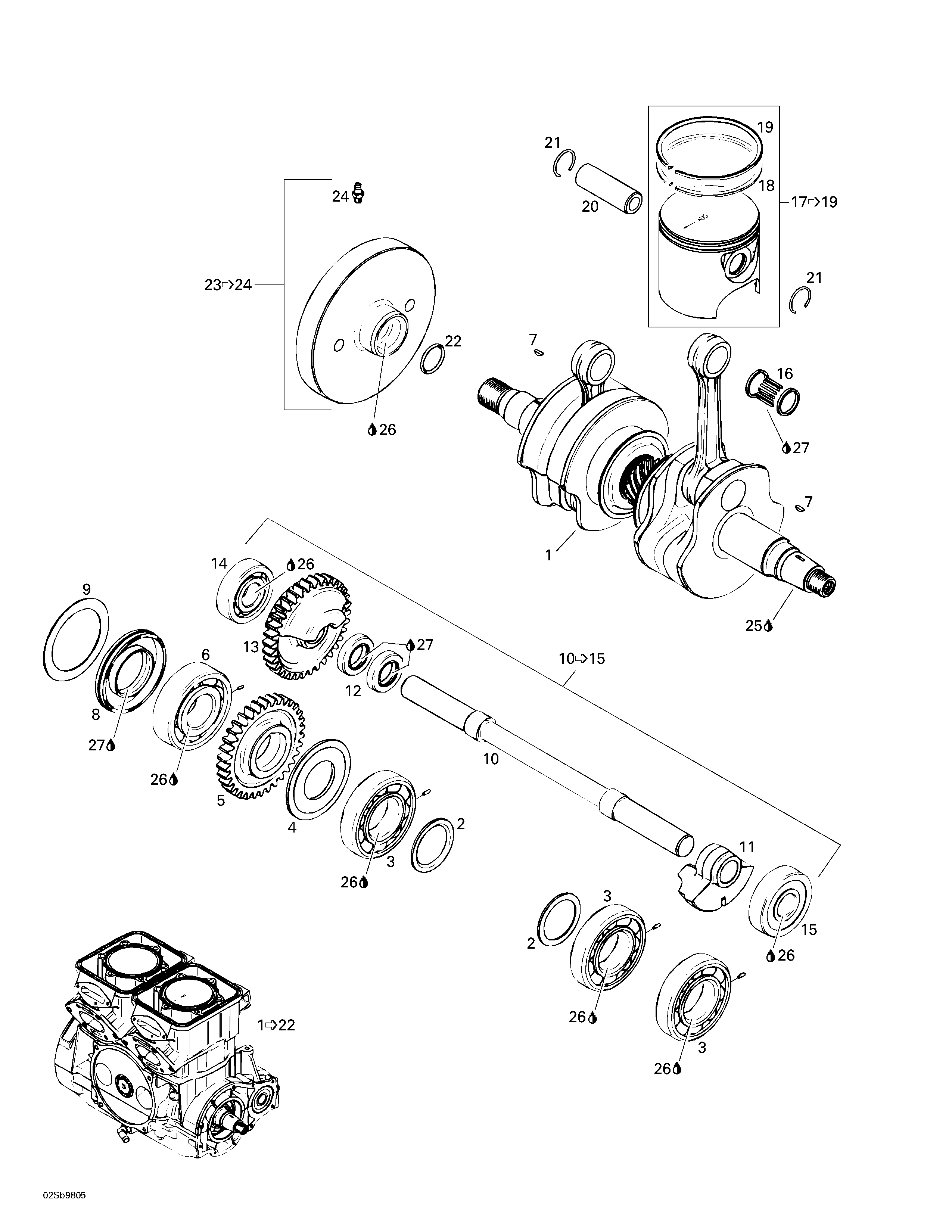 Crankshaft and pistons