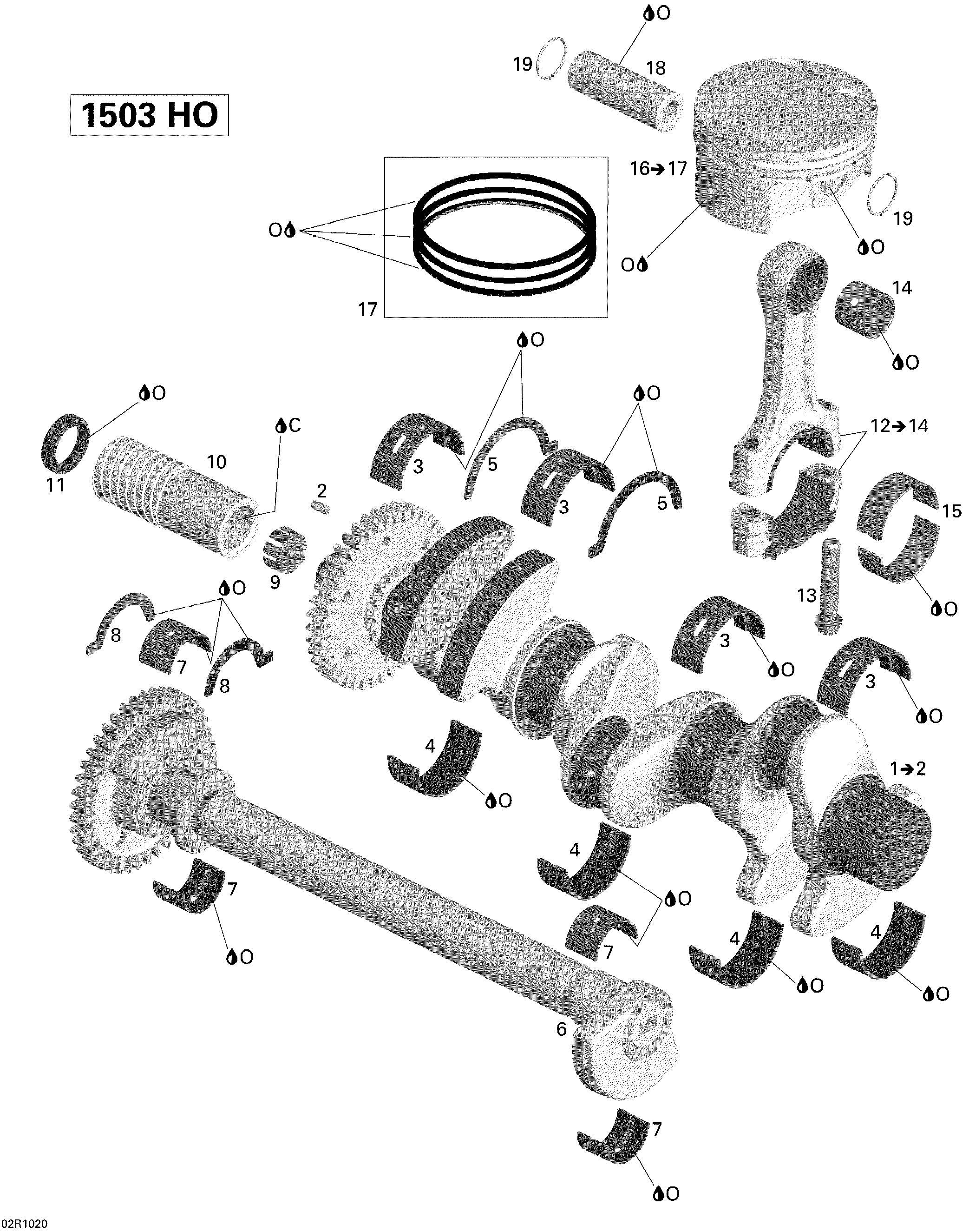 Crankshaft, pistons and balance shaft