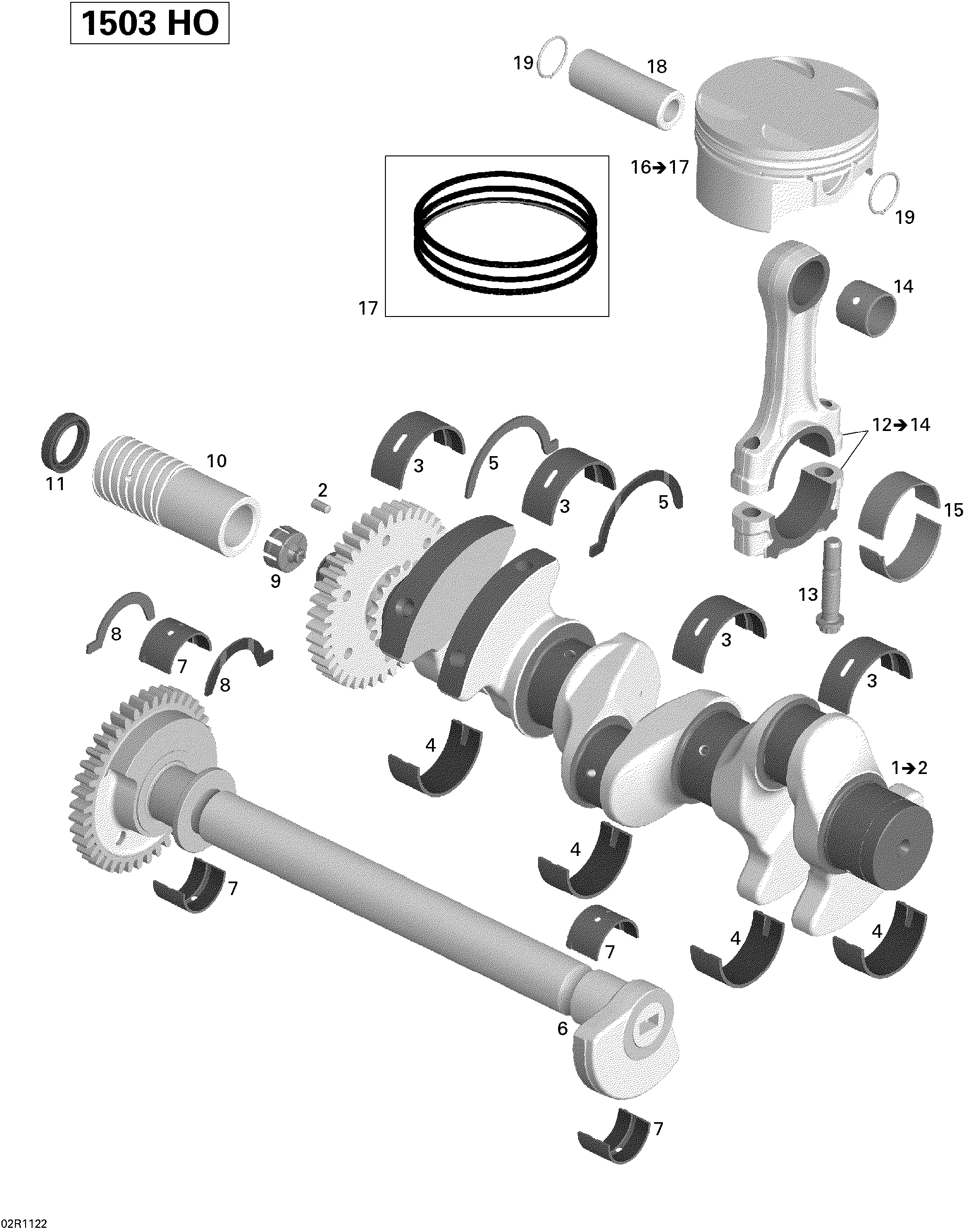 Crankshaft, pistons and balance shaft