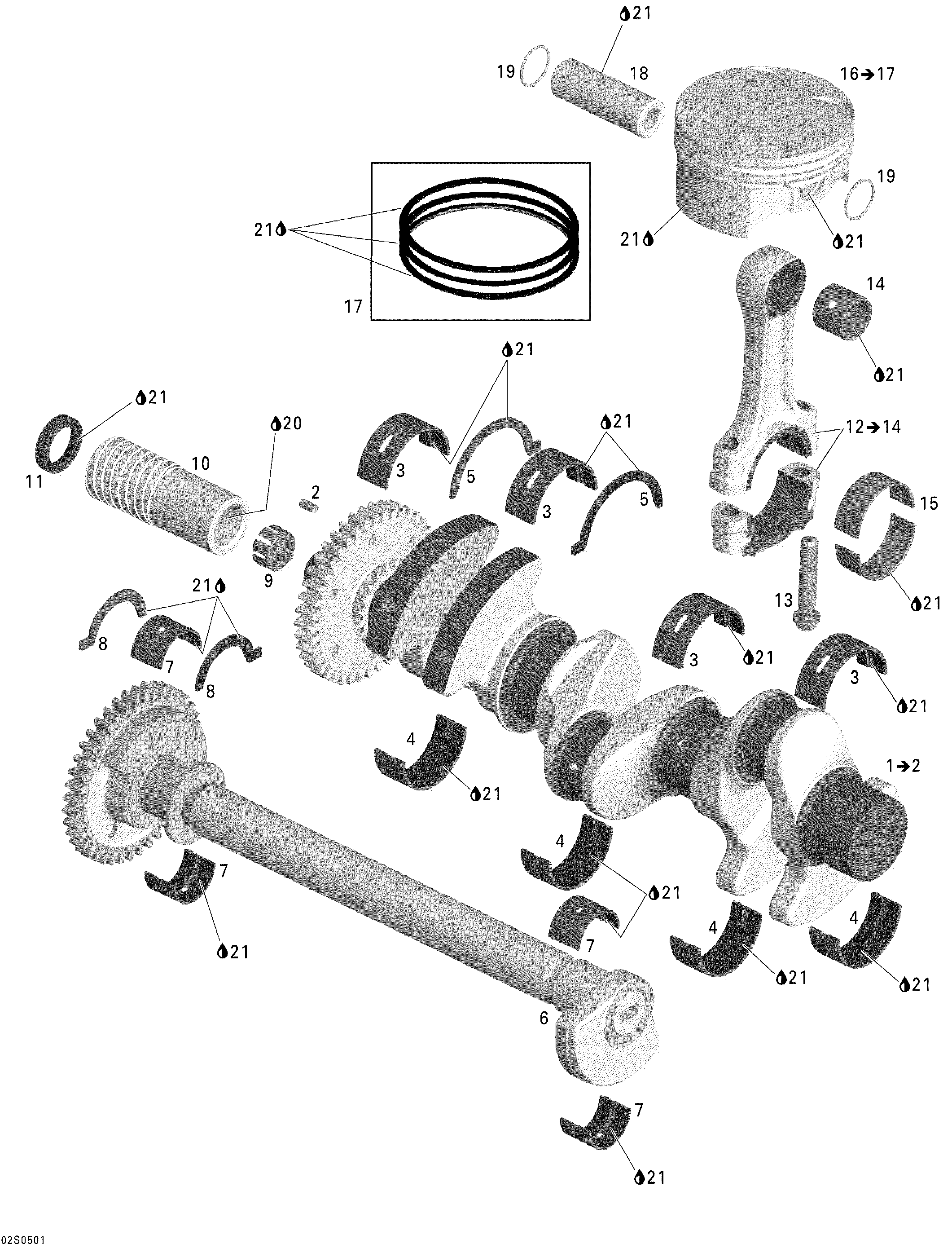 Crankshaft, pistons and balance shaft