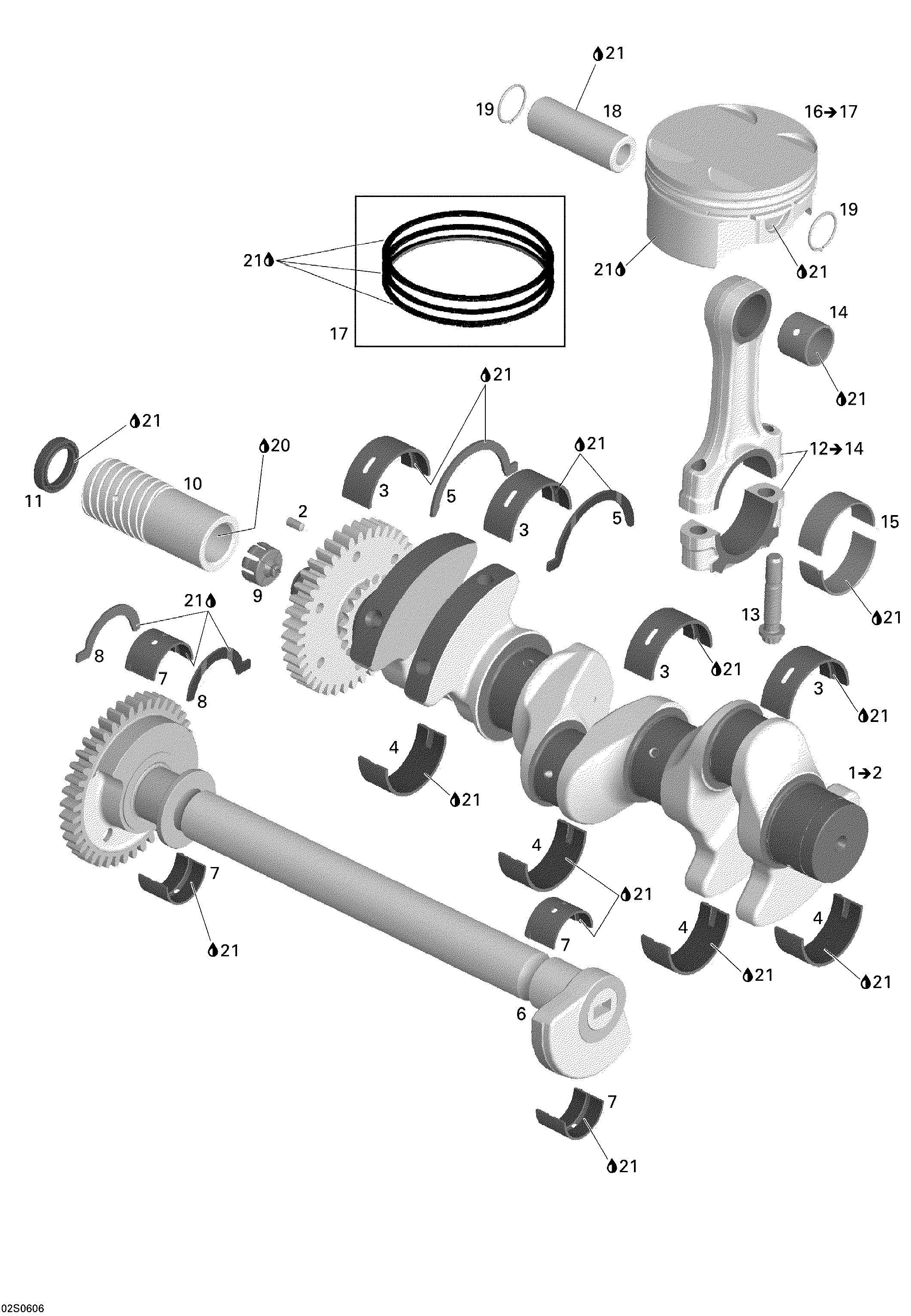 Crankshaft, pistons and balance shaft