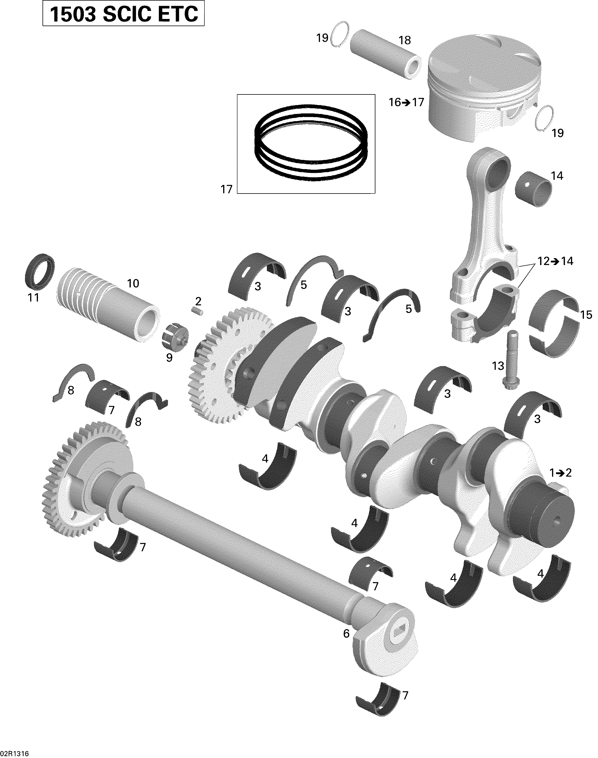 Crankshaft, pistons and balance shaft