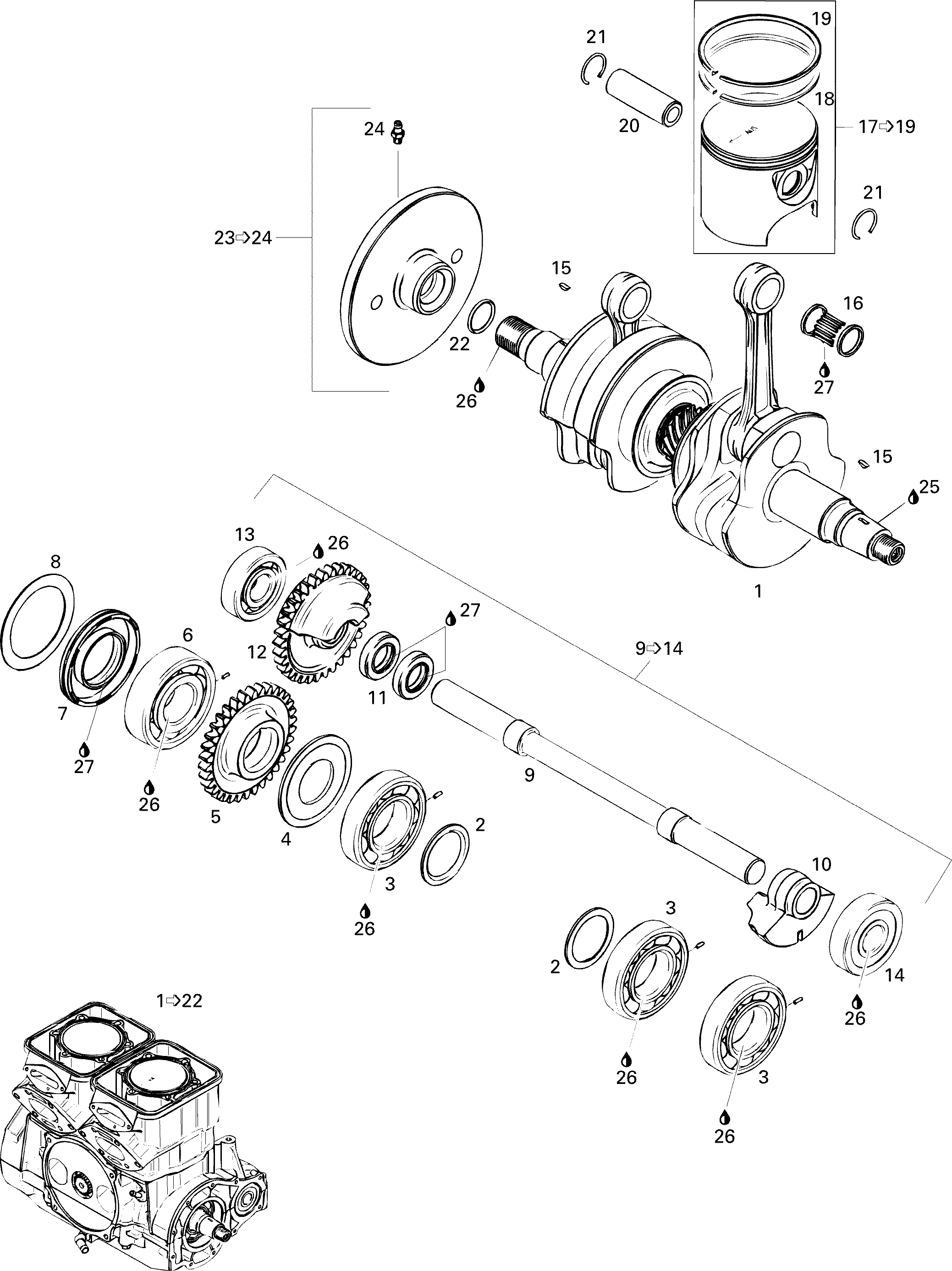 Crankshaft and pistons