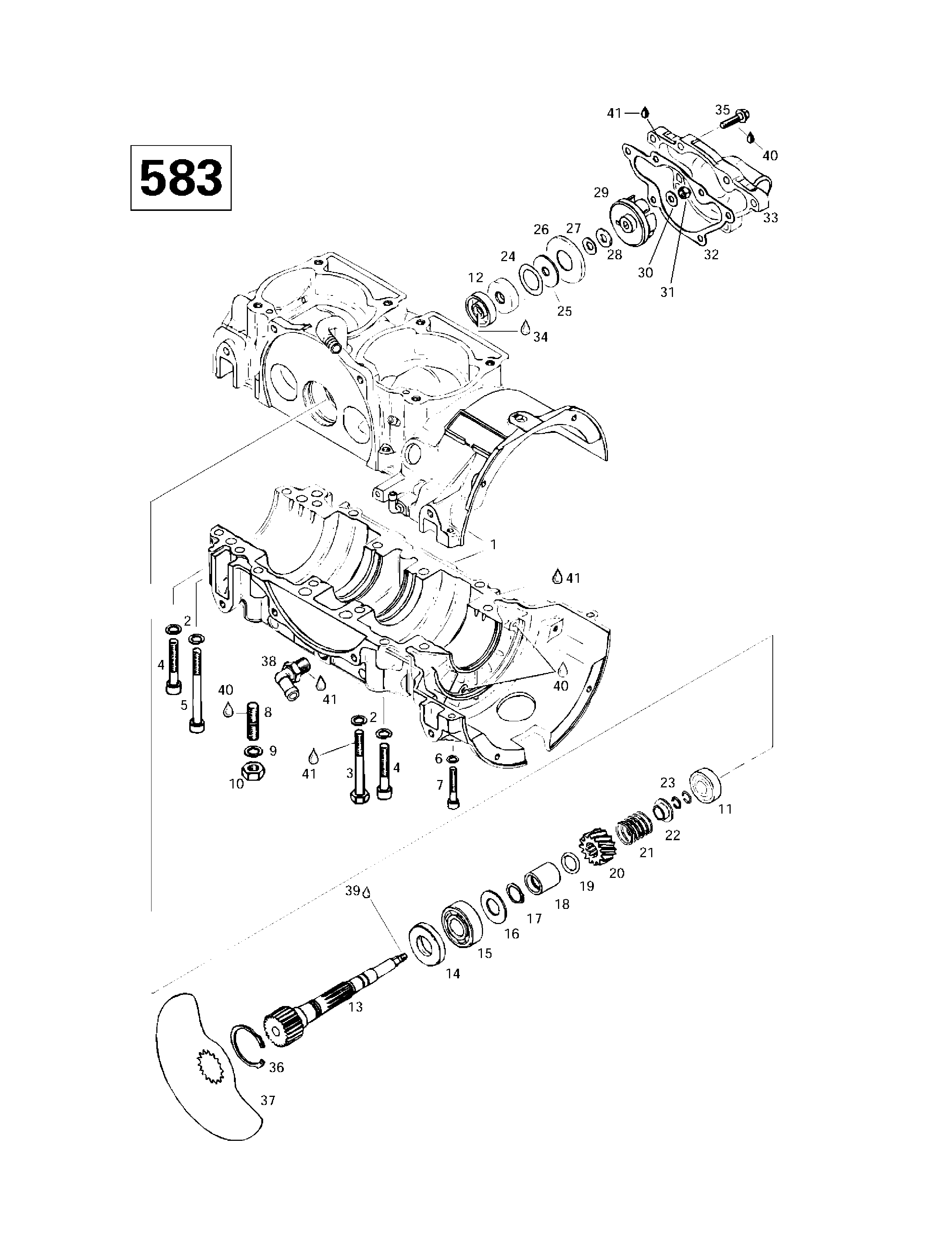 Crankcase, rotary valve, water pump