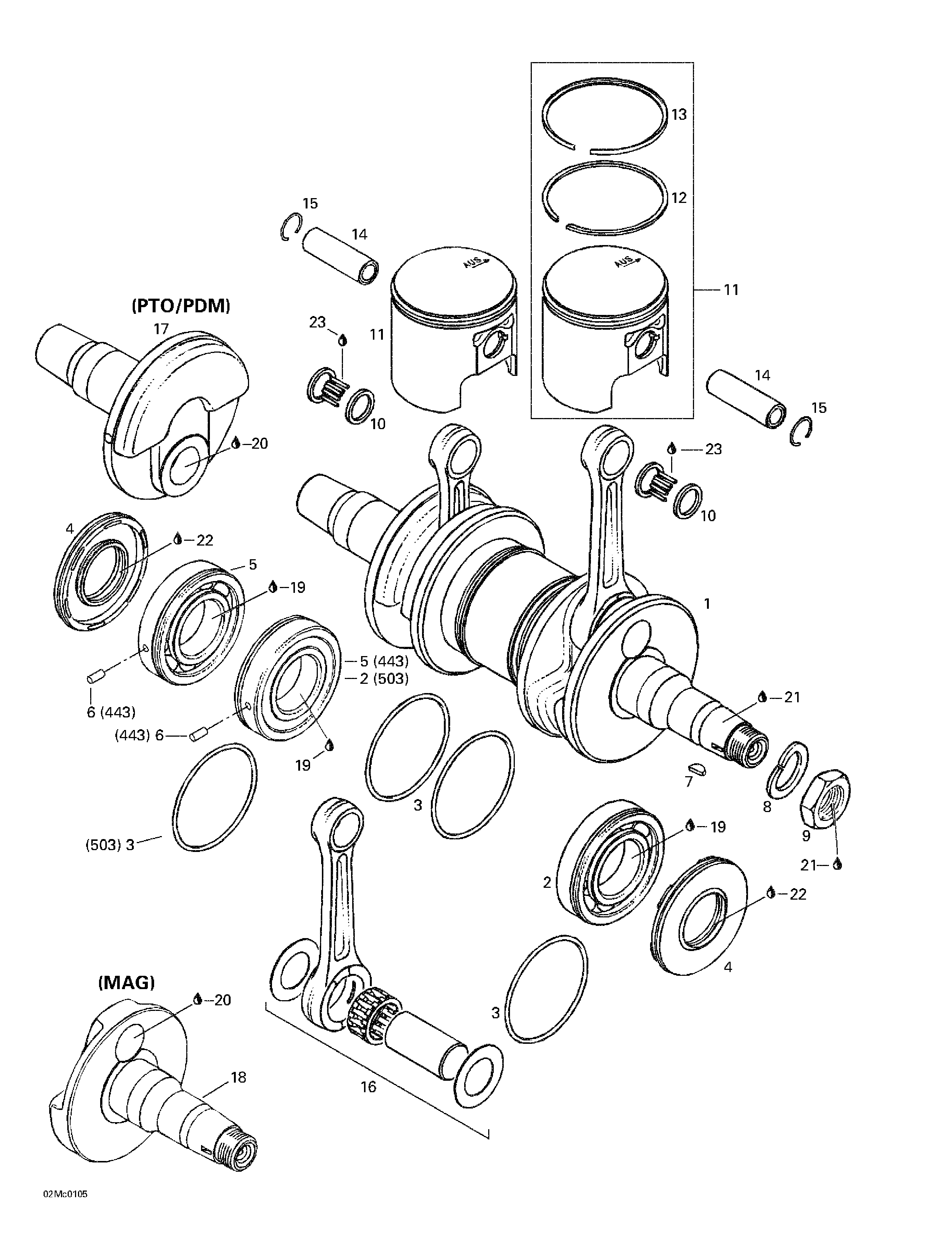 Crankshaft and pistons