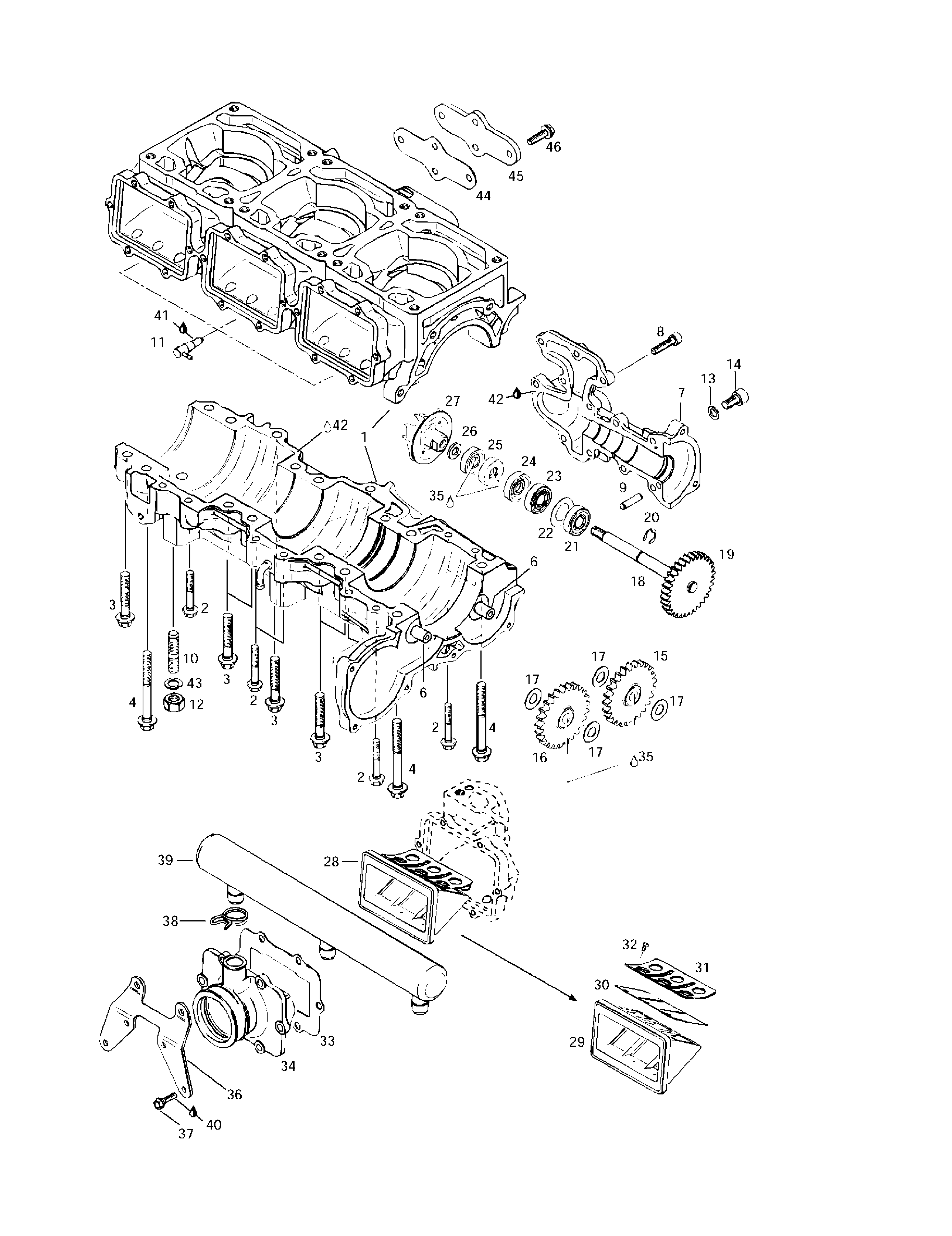 Crankcase, reed valve, water pump