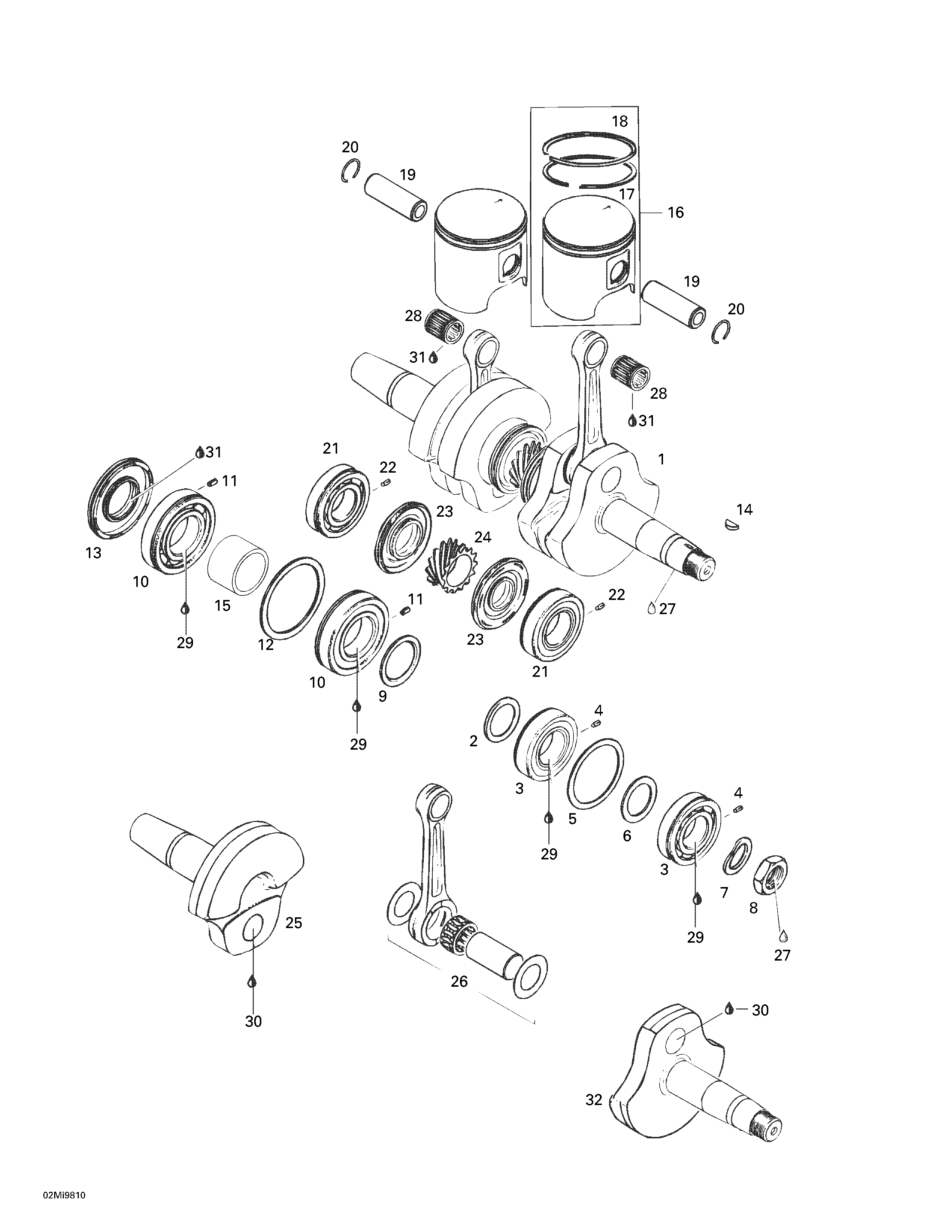 Crankshaft and pistons