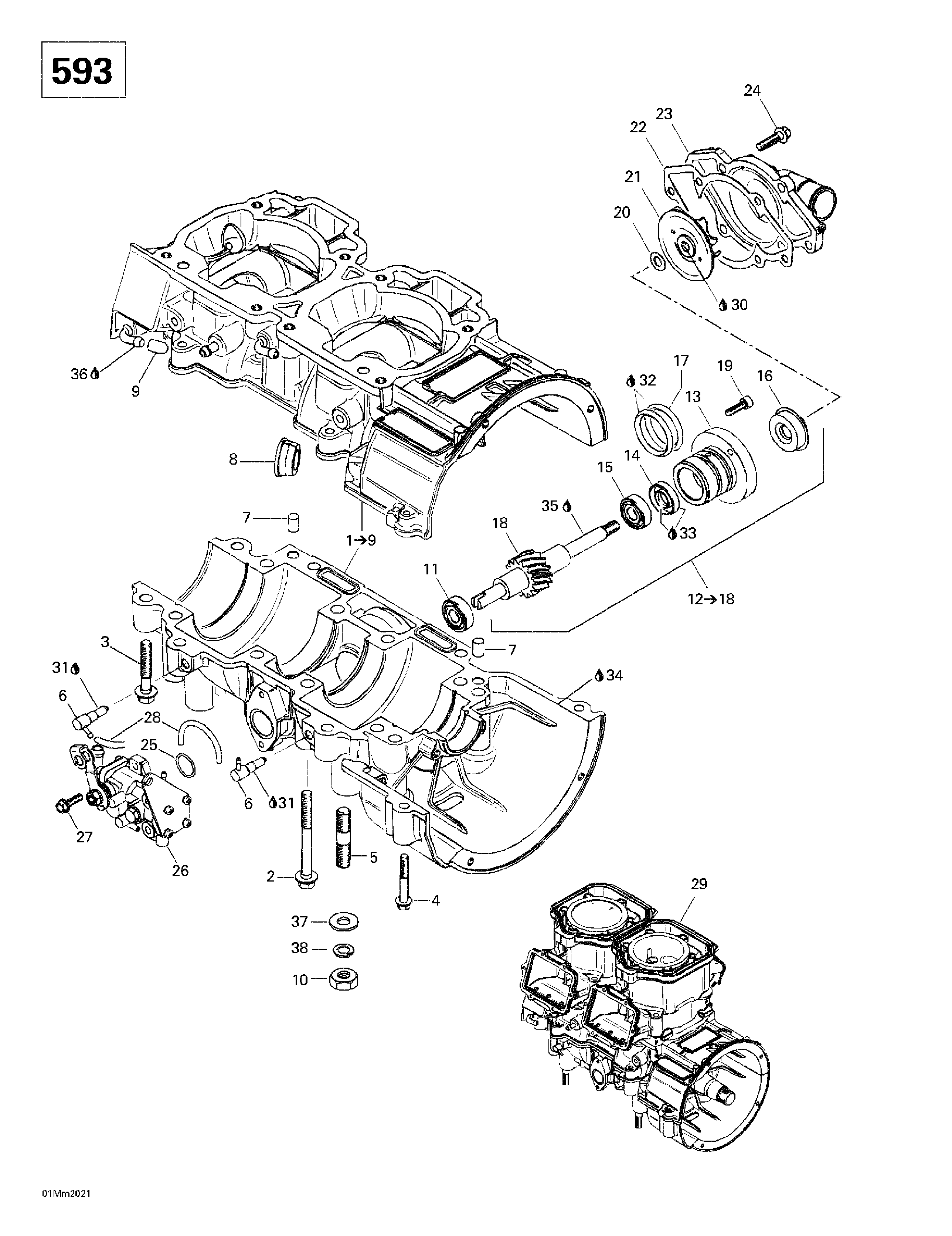 Crankcase, water pump and oil pump