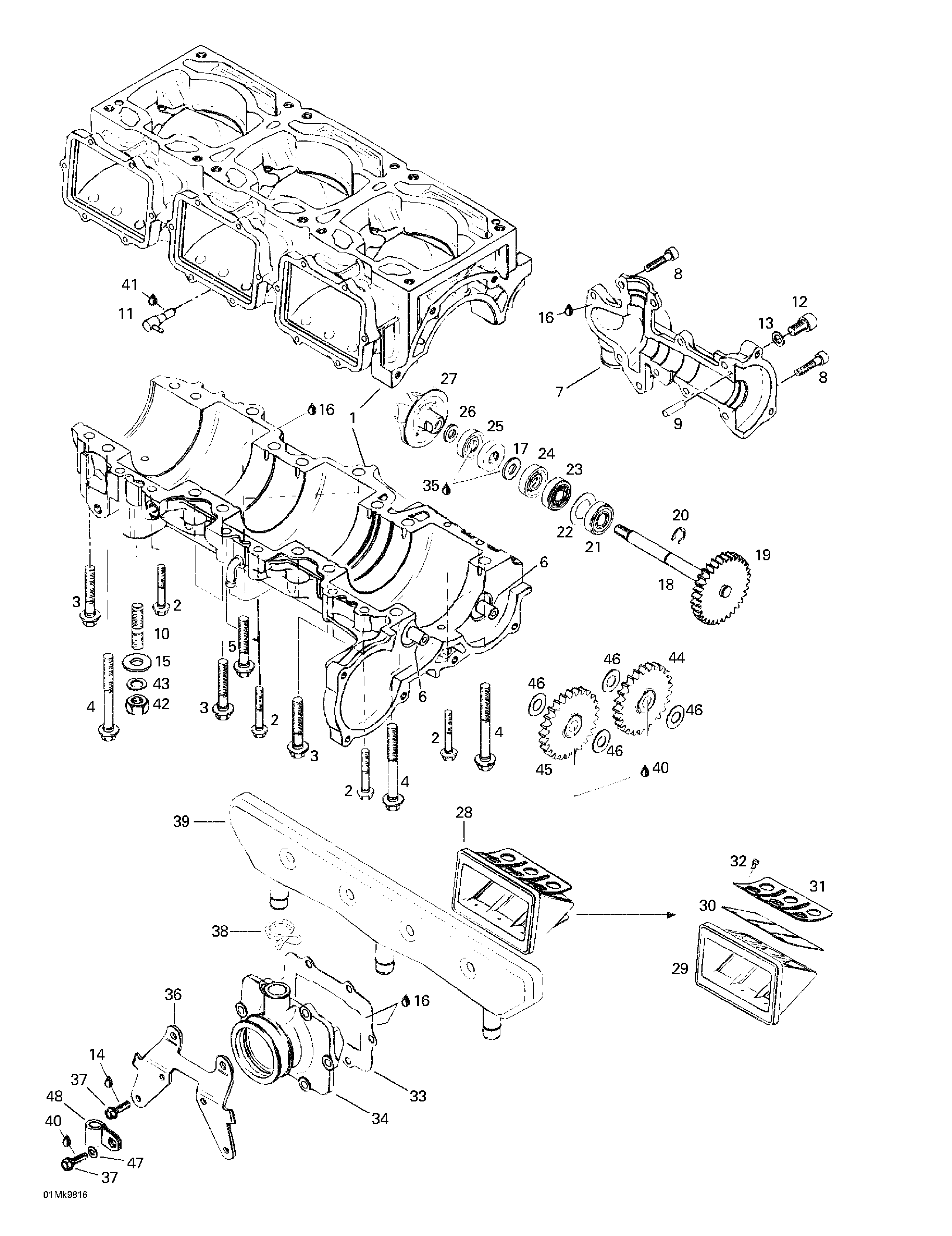 Crankcase, reed valve, water pump