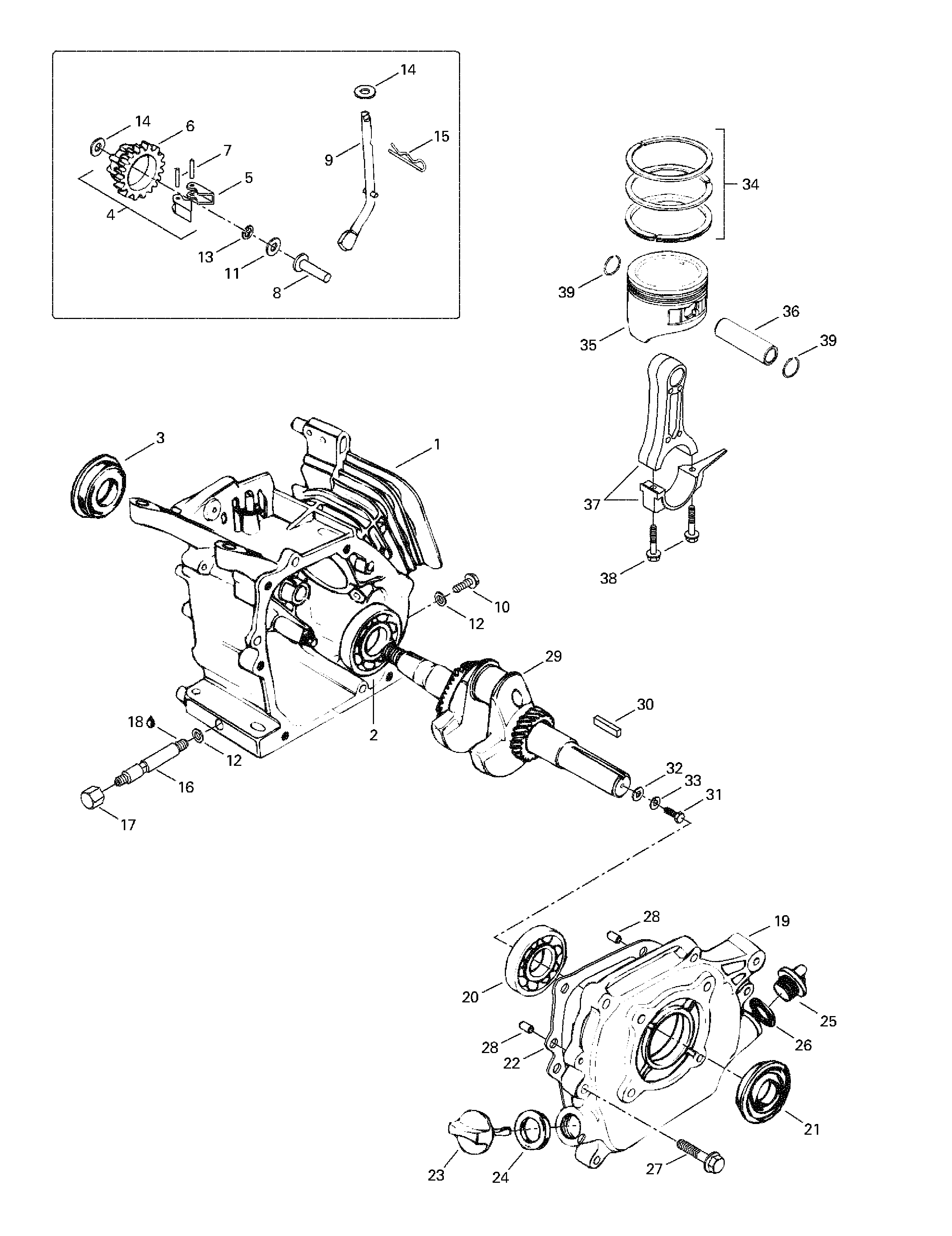 Crankcase, barrel, crankshaft, piston