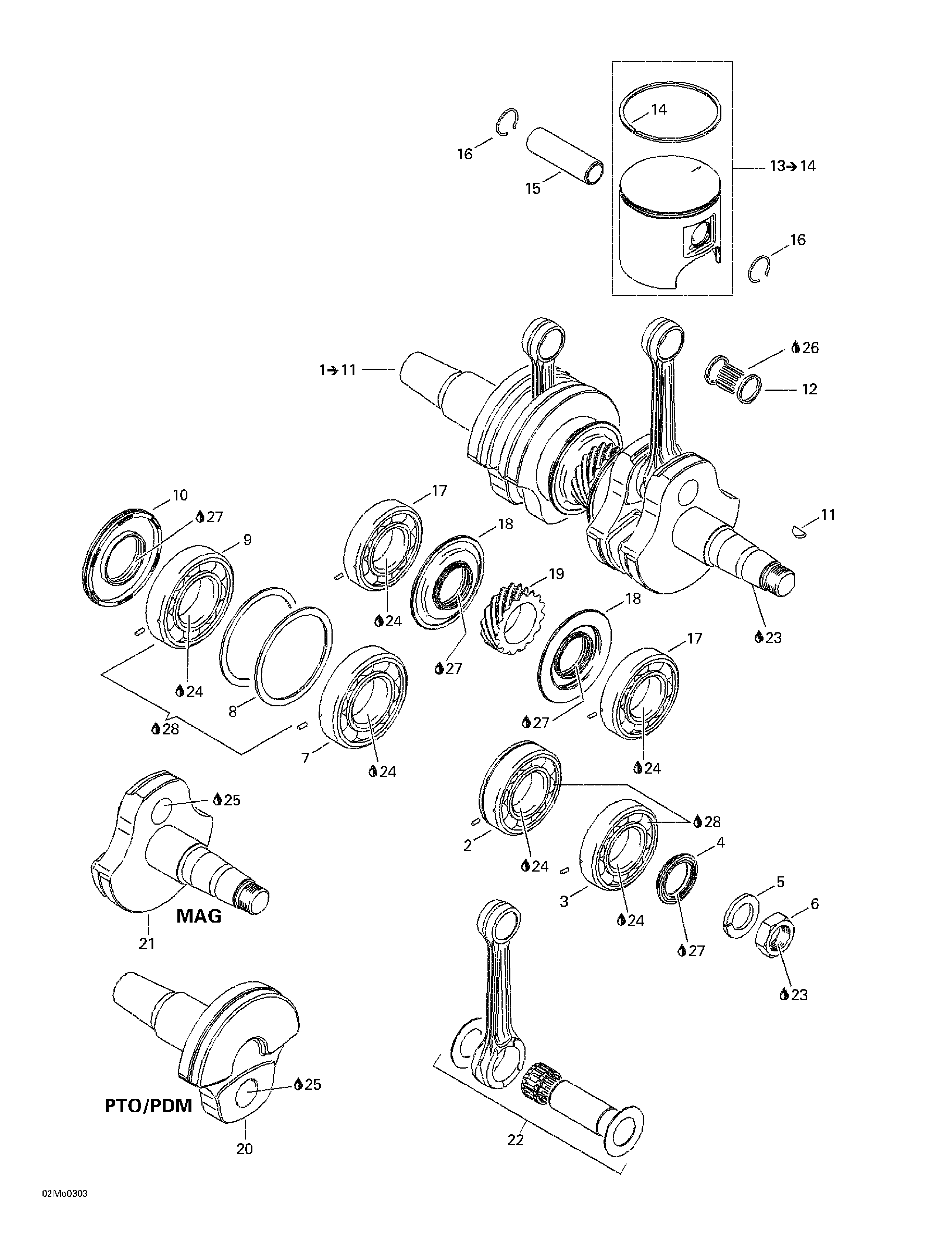 Crankshaft and pistons