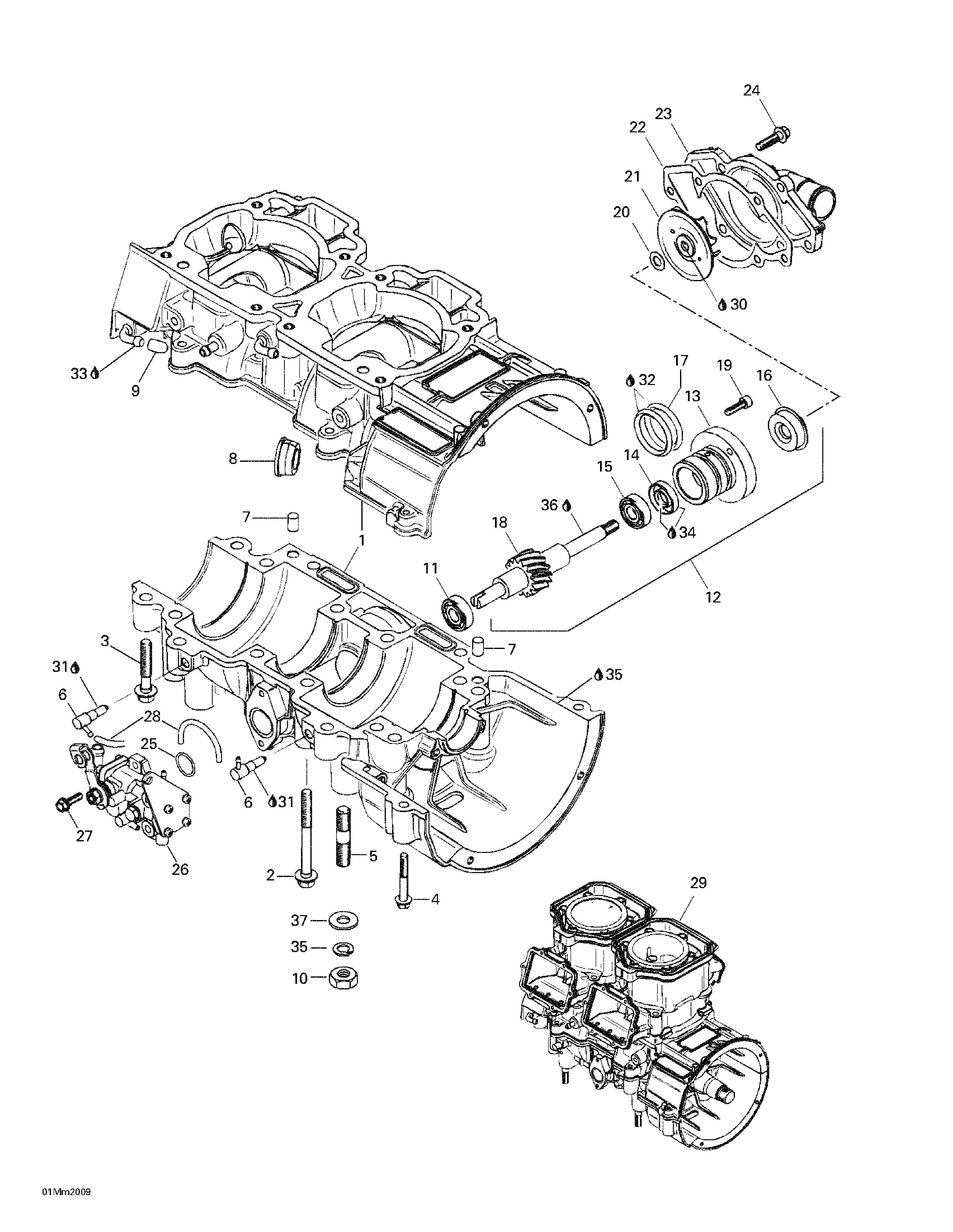 Crankcase, water pump and oil pump