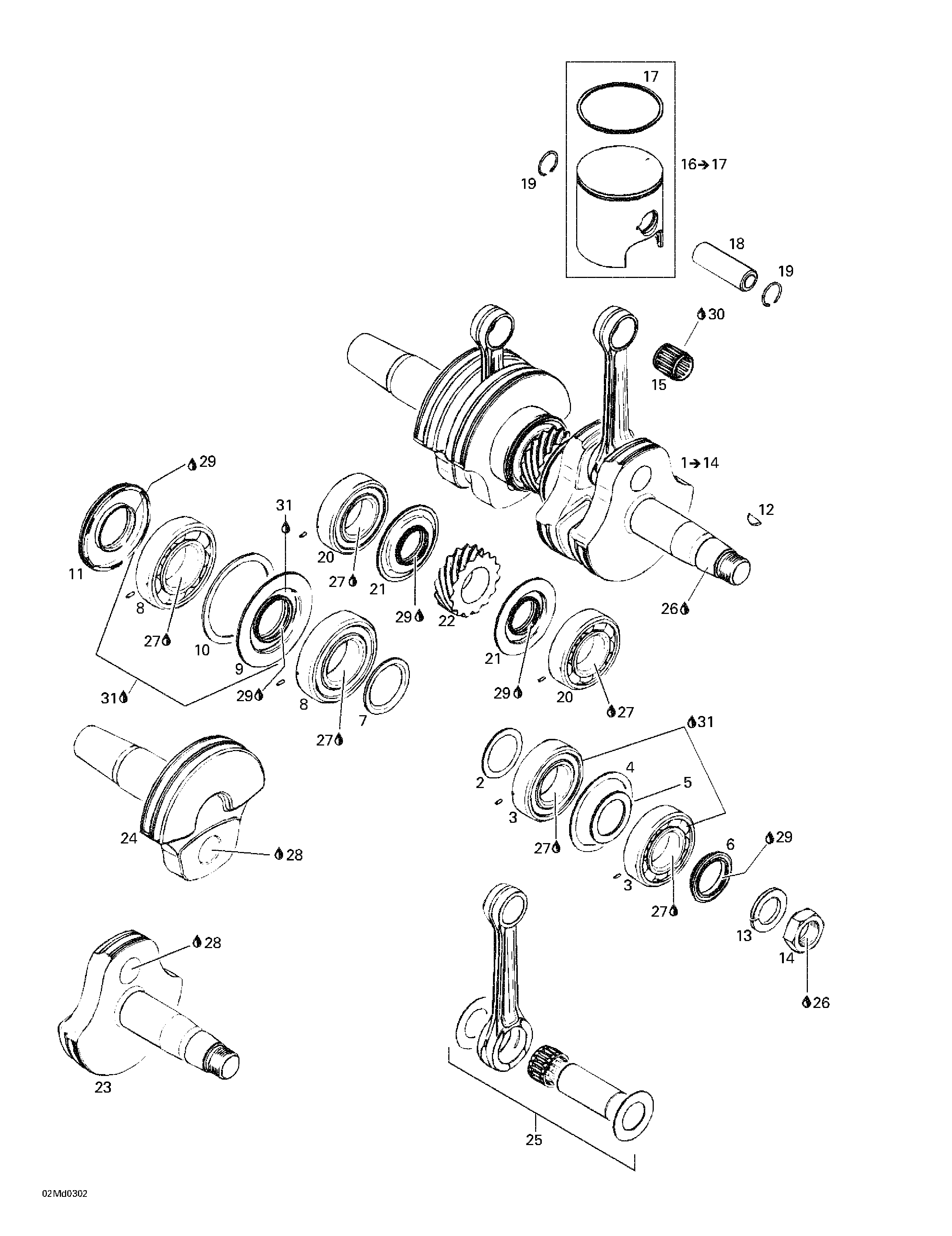 Crankshaft and pistons