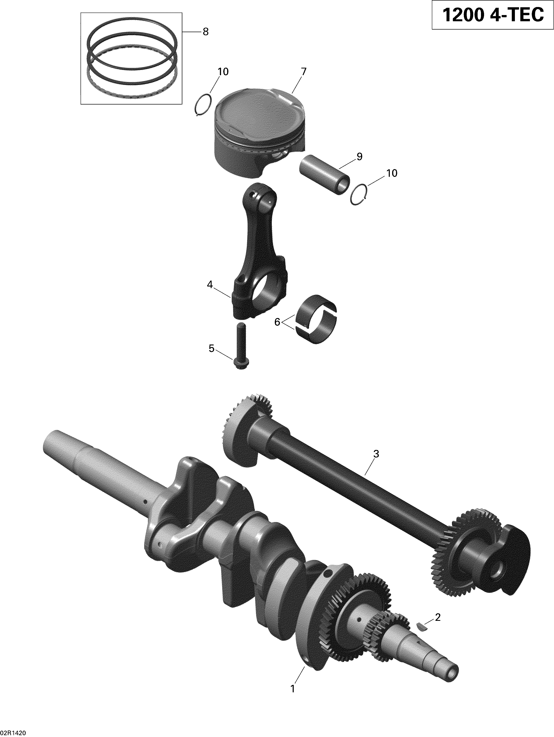 Crankshaft, pistons and balance shaft