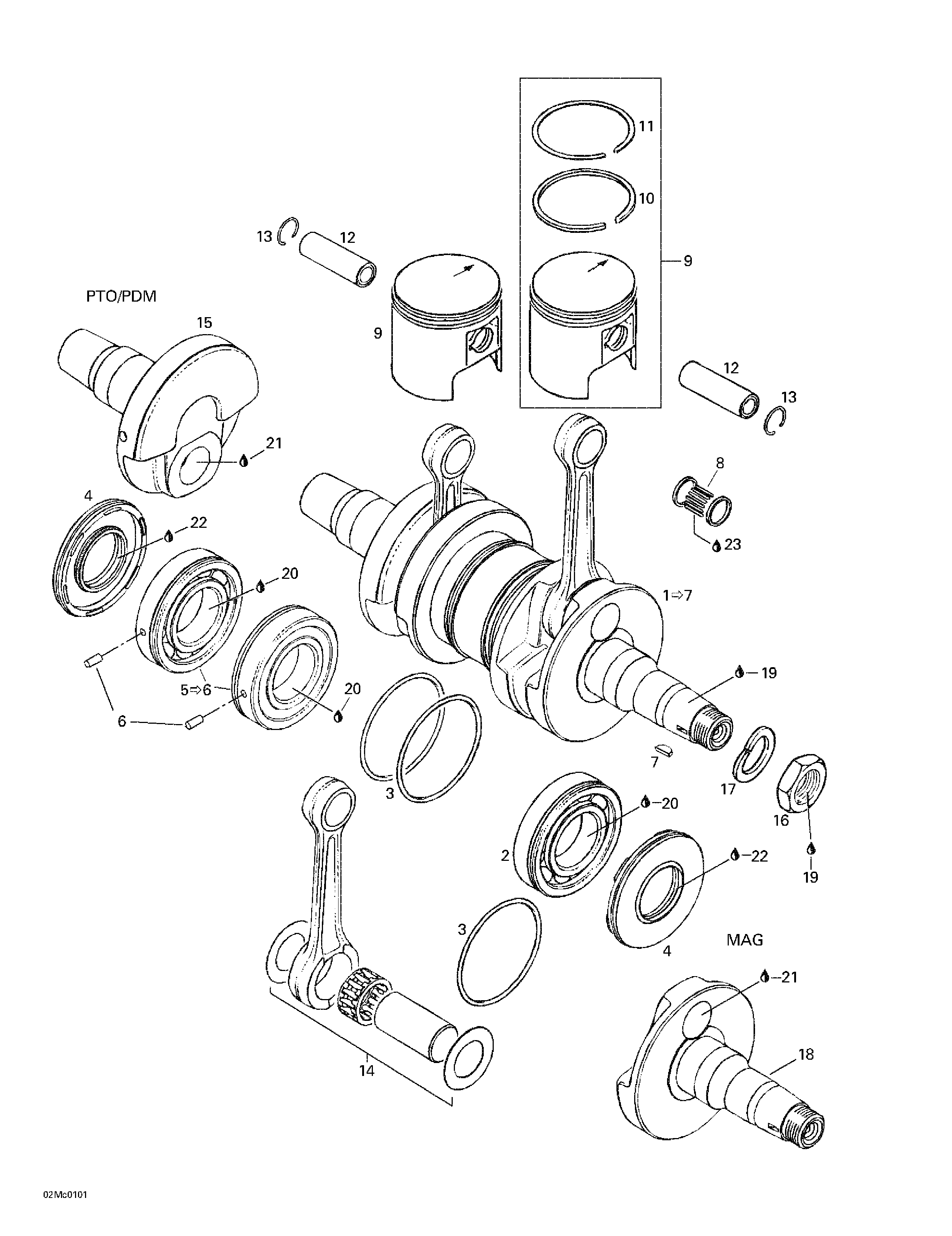 Crankshaft and pistons