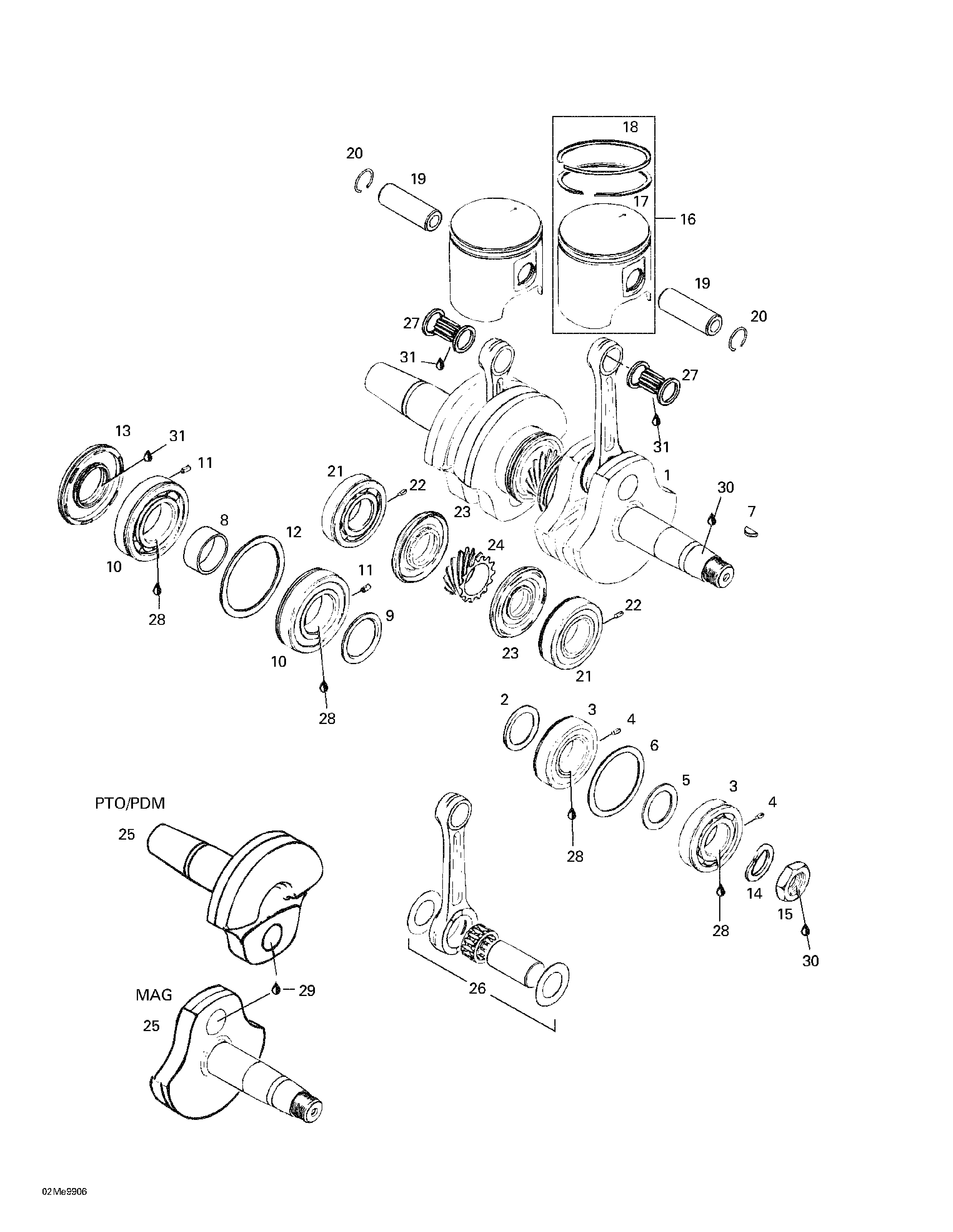 Crankshaft and pistons