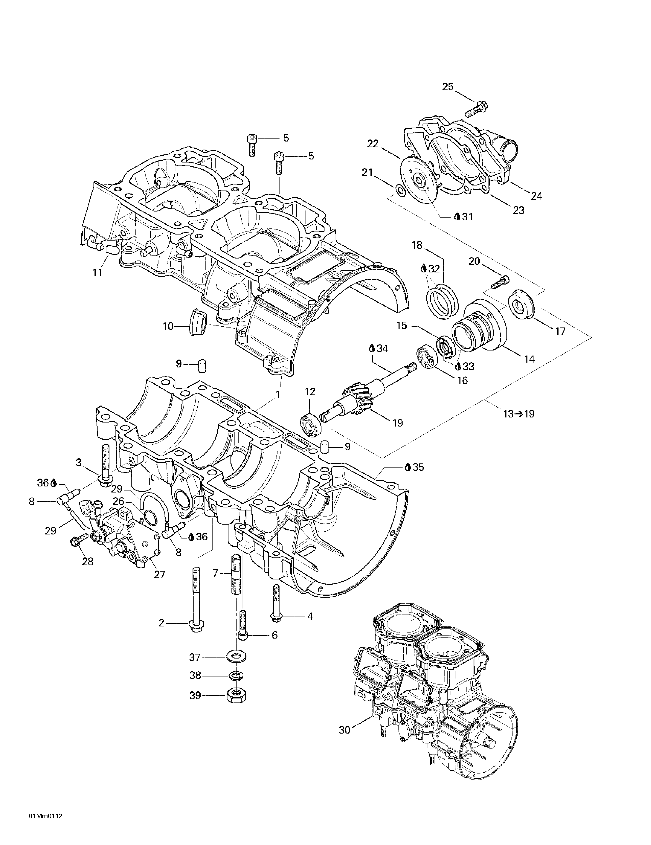 Crankcase, water pump and oil pump