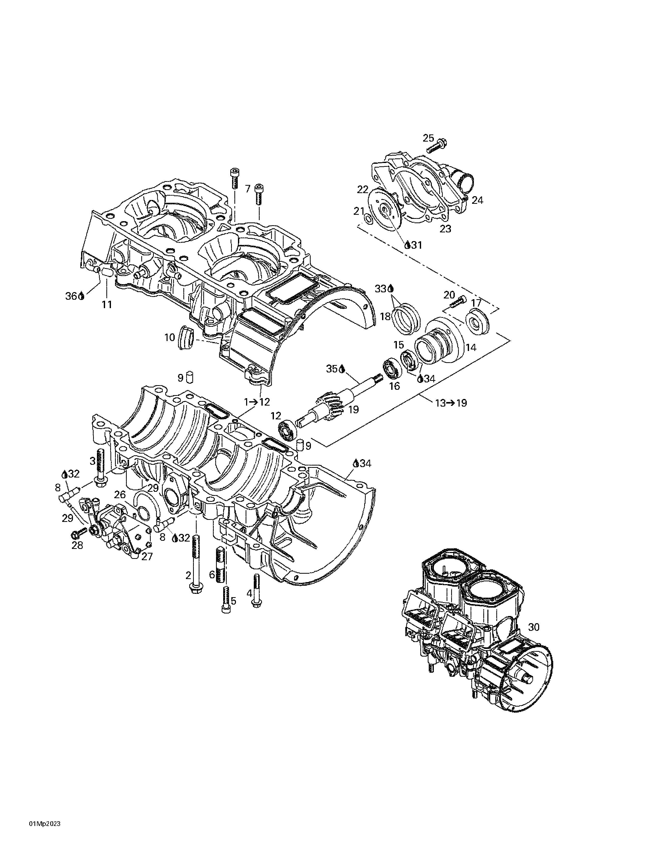 Crankcase, water pump and oil pump