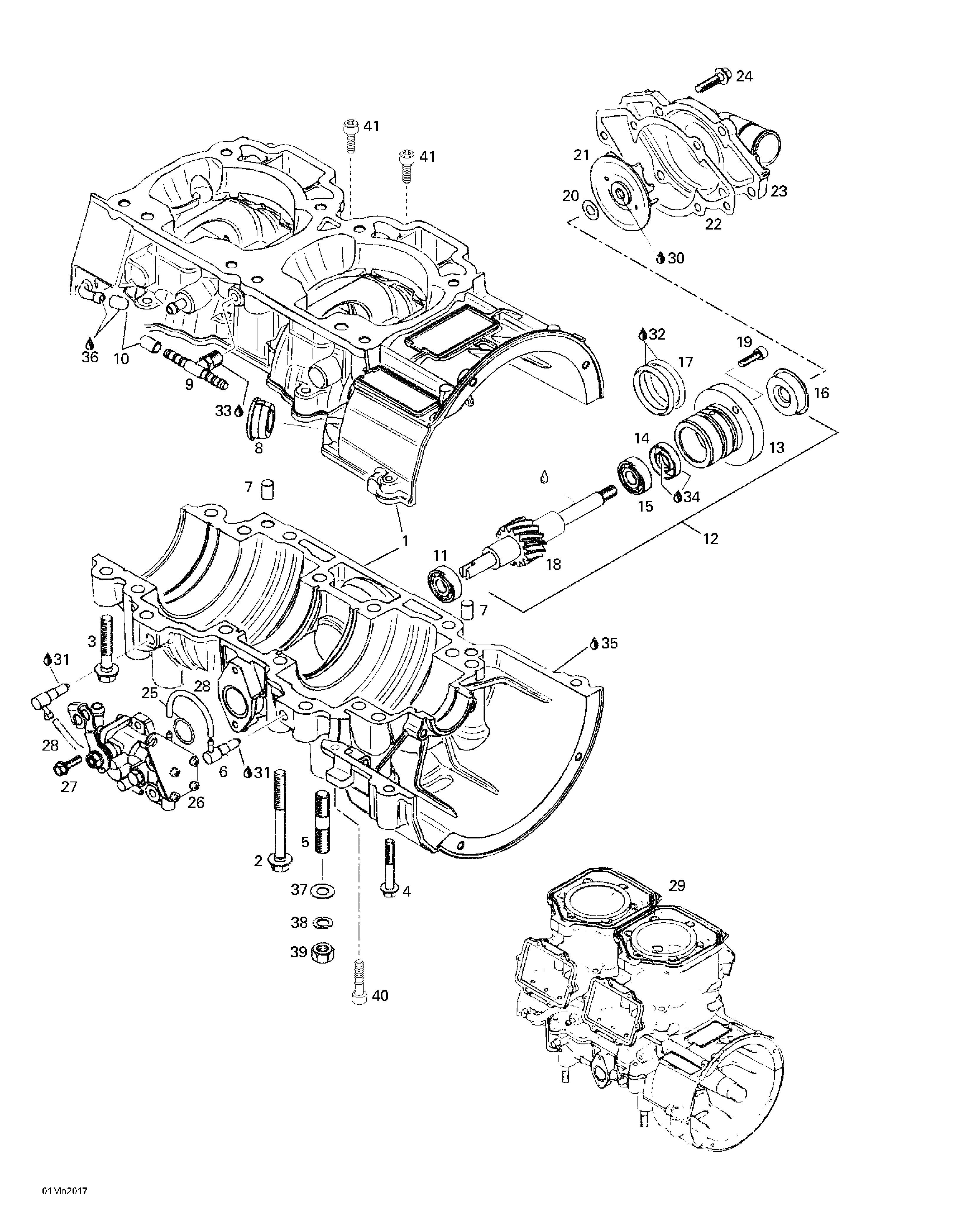 Crankcase, water pump and oil pump