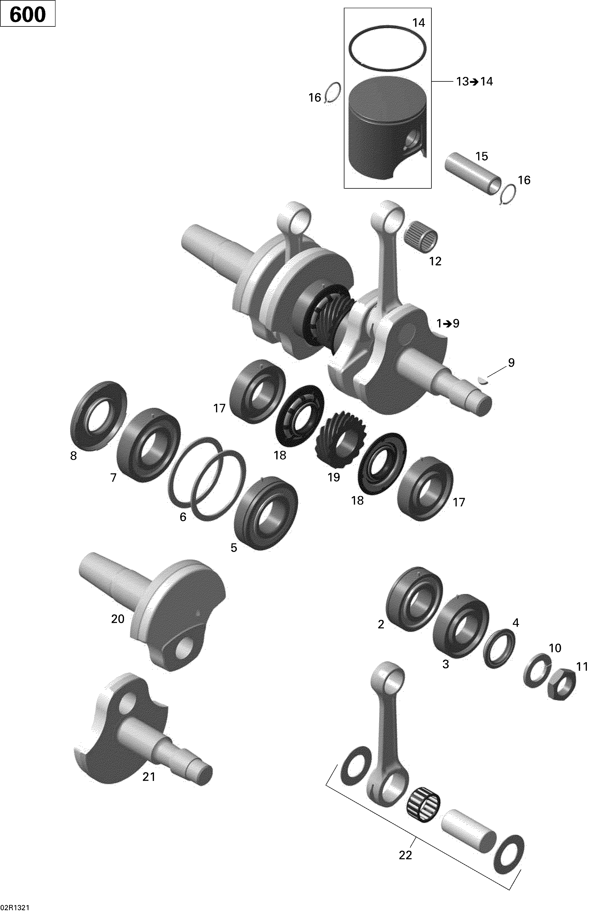 Crankshaft and pistons