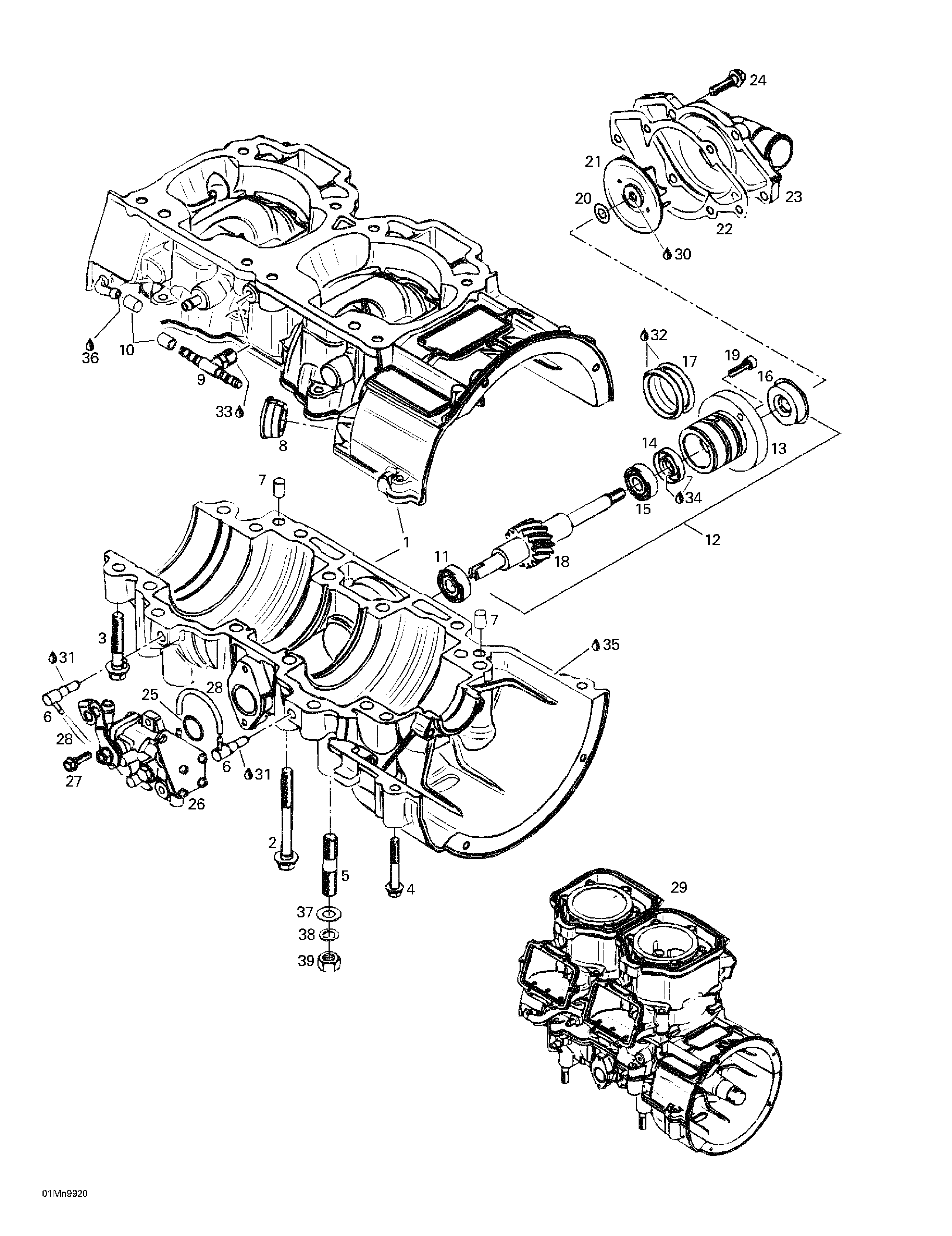 Crankcase, water pump and oil pump