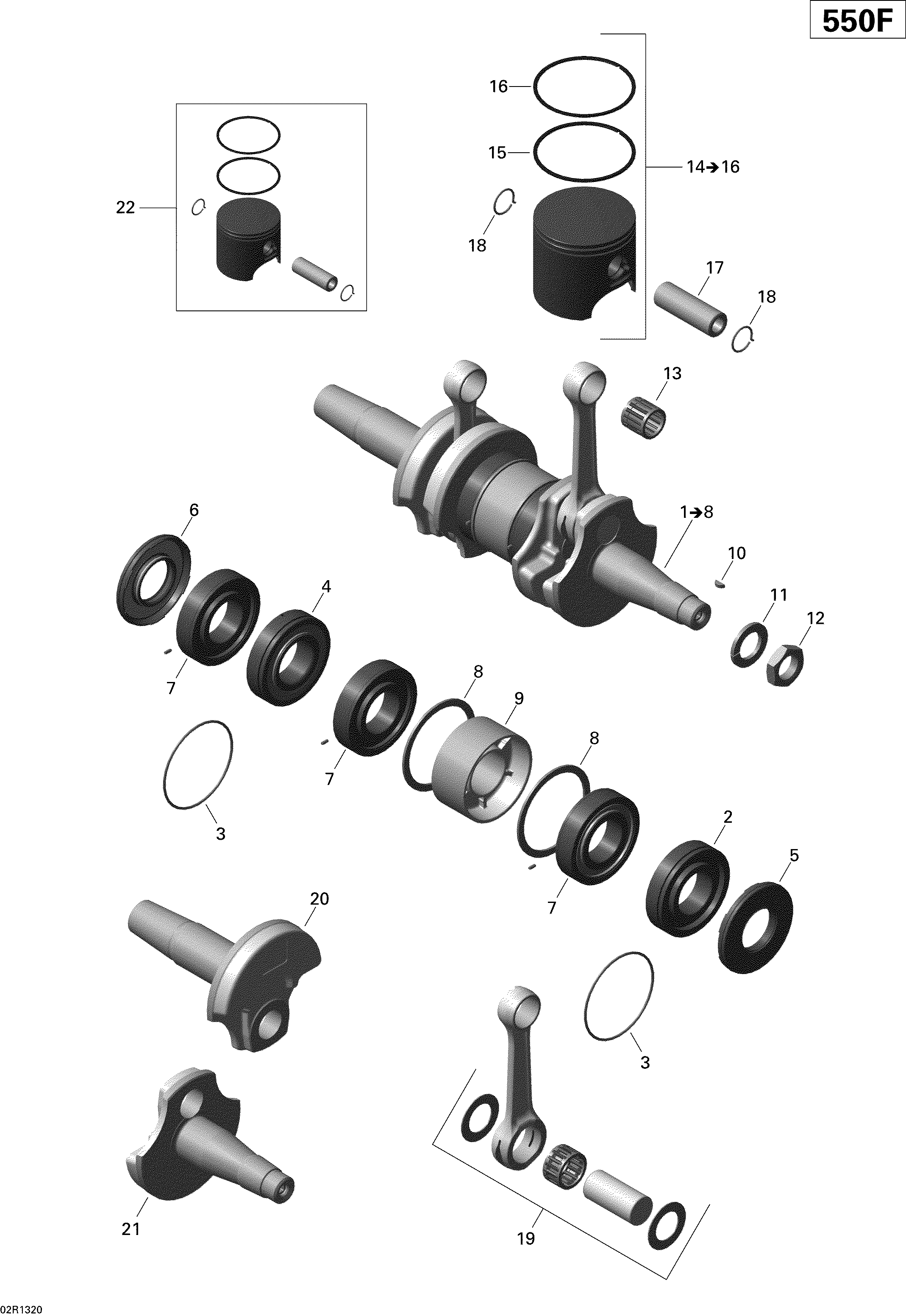 Crankshaft and pistons