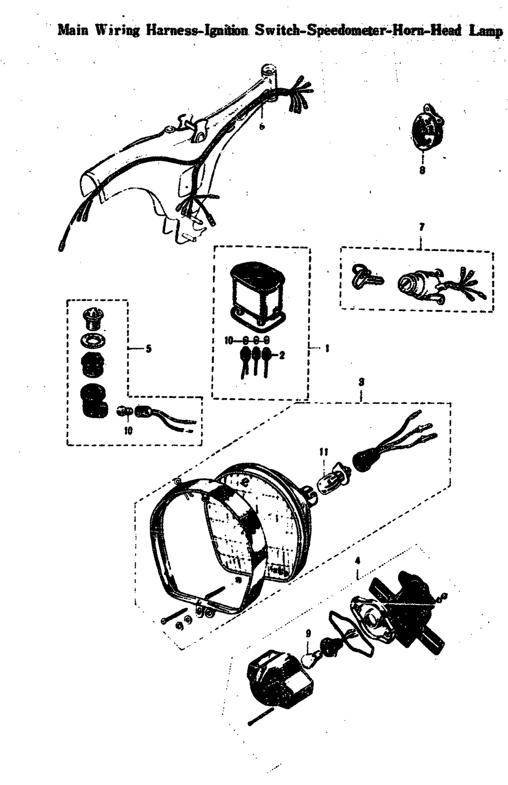 Main wiring harness-ignition switch-speedometer-horn-head lamp