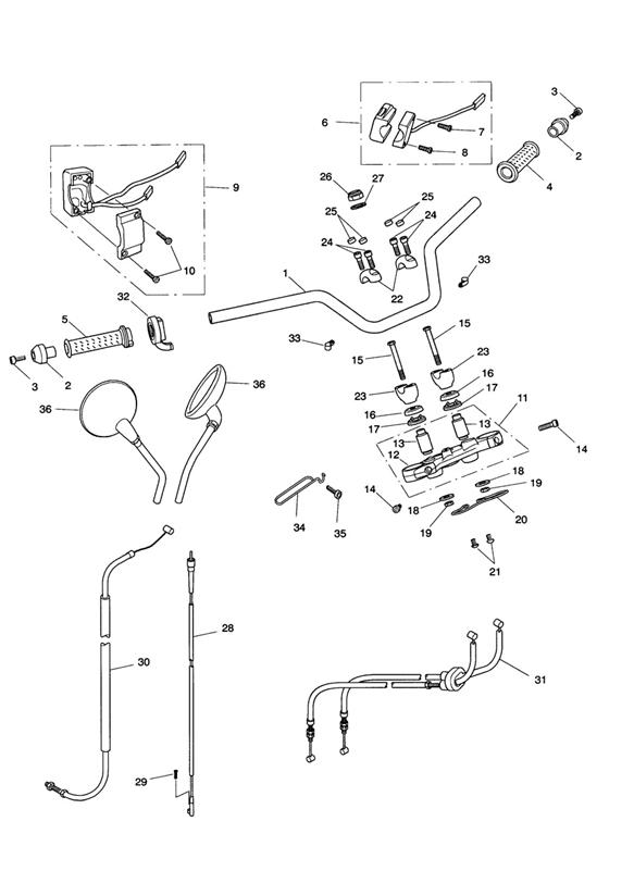 Handlebars, top yoke, cables & mirrors