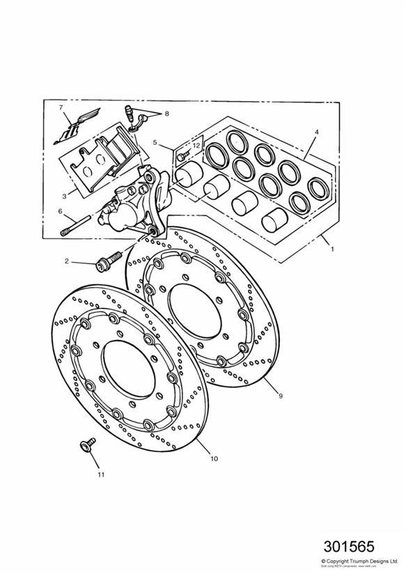 Front brake caliper and discs