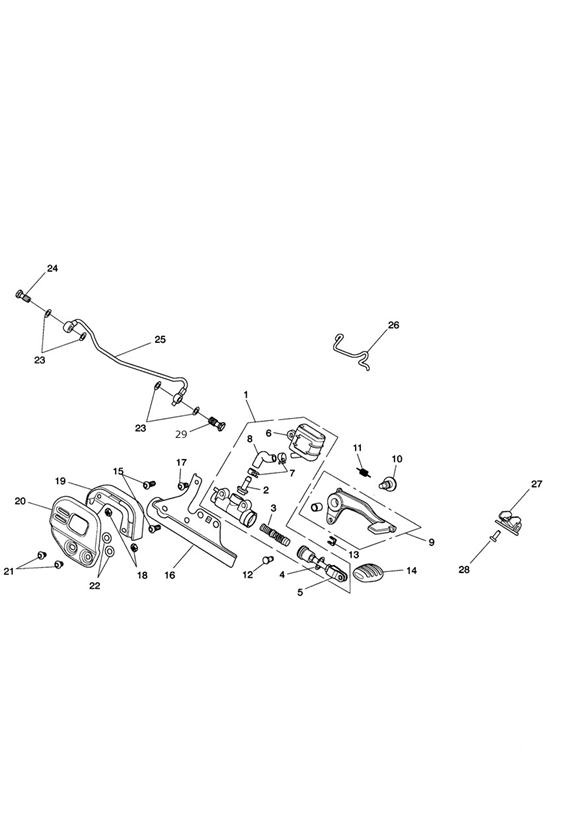 Rear brake master cylinder, reservoir & pedal - roadster