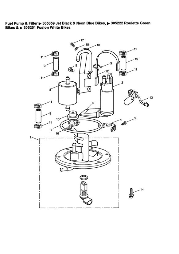 Fuel pump_filter 305059 jet blk_neon blue; 305222 roulette green; 305251 fusion white bikes