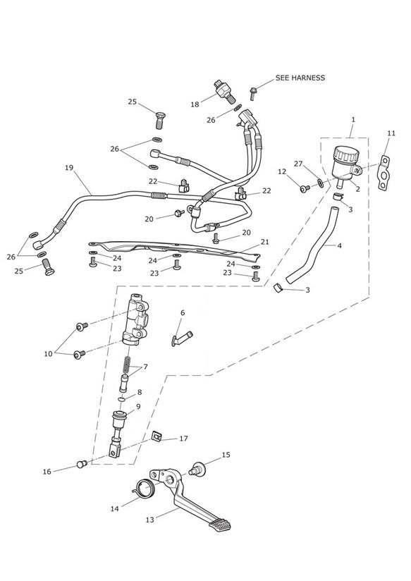 Rear brake master cylinder, reservoir & pedal