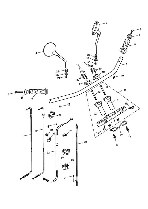 Handlebars, top yoke, cables & mirrors