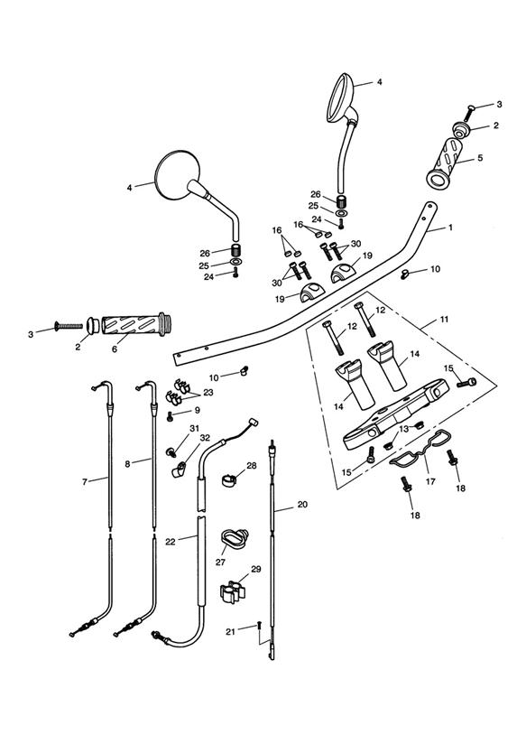 Handlebars, top yoke, cables & mirrors  469049