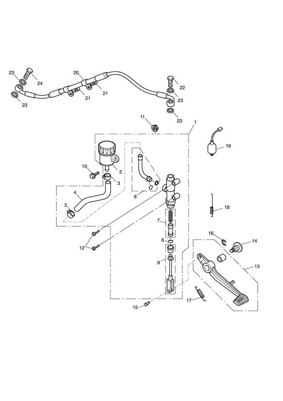 Rear brake master cylinder, reservoir & pedal