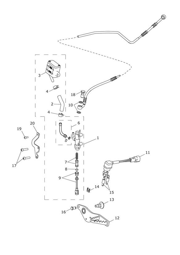 Rear brake master cylinder, reservoir & pedal